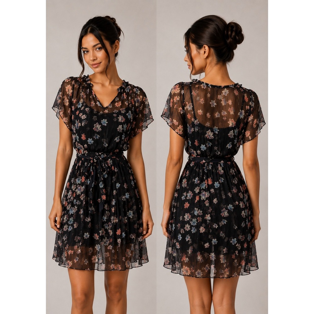 Club Monaco Romantic Cottagecore Floral Chiffon Dress with Tie Waist – Size 0